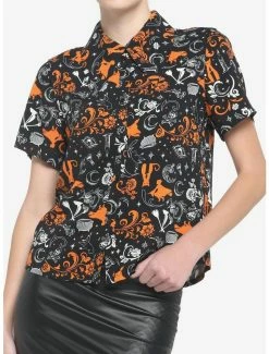Deals ✔️ Her Universe Disney Hocus Pocus Filigree Icons 👧 Girls Woven Button-Up 🧨